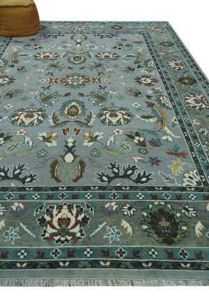 Floral Gray, Ivory, Brown and Green Hand Knotted Traditional Oushak 9x12 wool Rug