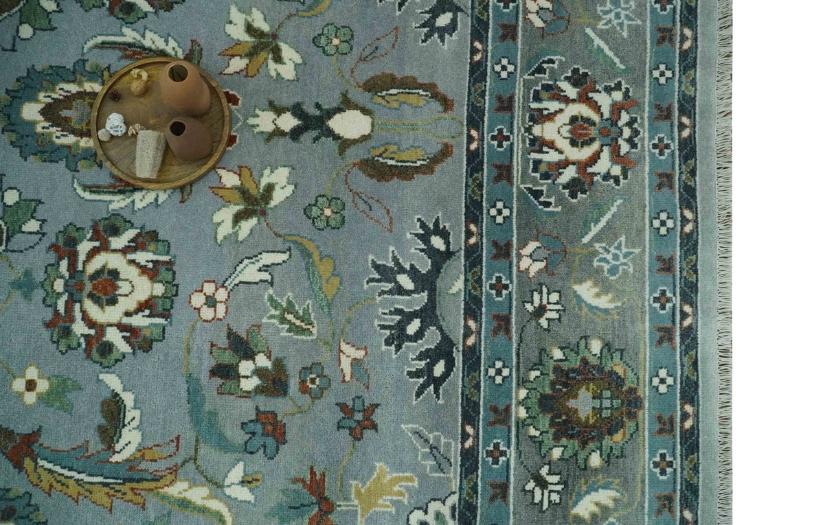 Floral Gray, Ivory, Brown and Green Hand Knotted Traditional Oushak 9x12 wool Rug