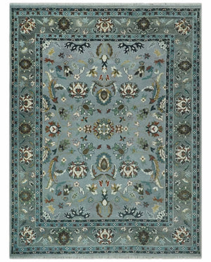 Floral Gray, Ivory, Brown and Green Hand Knotted Traditional Oushak 9x12 wool Rug