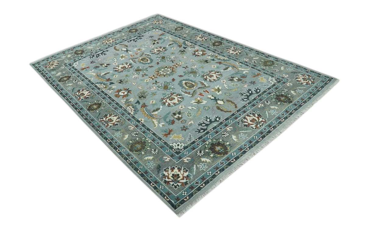 Floral Gray, Ivory, Brown and Green Hand Knotted Traditional Oushak 9x12 wool Rug