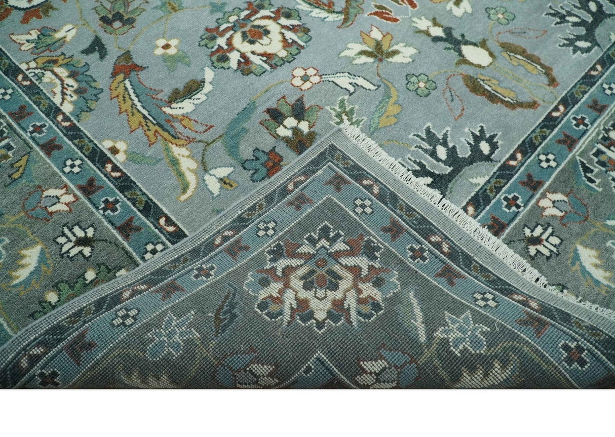 Floral Gray, Ivory, Brown and Green Hand Knotted Traditional Oushak 9x12 wool Rug