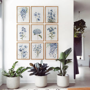 9 Piece Wall Art Decor. Blue Hydrangea Floral Posters
