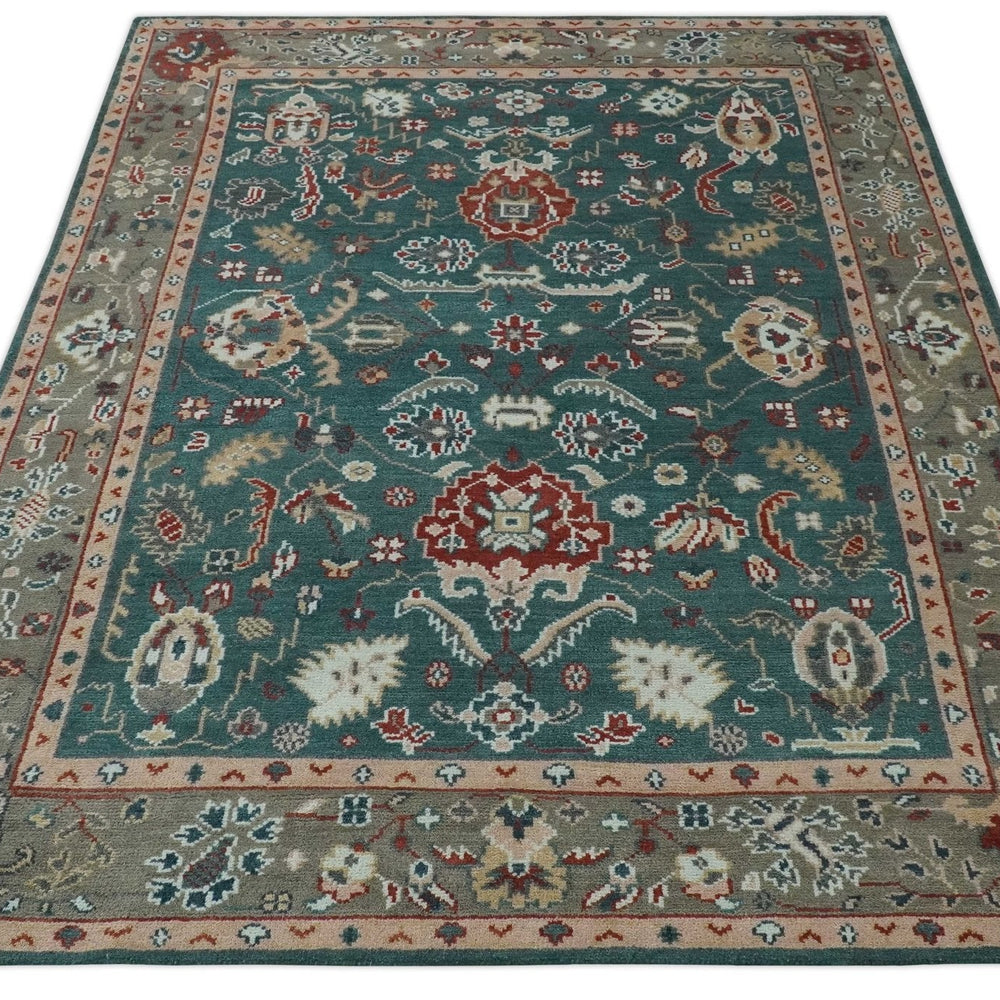 Floral Teal, Camel and Brown Hand Knotted Oriental Oushak Multi Size wool Area Rug