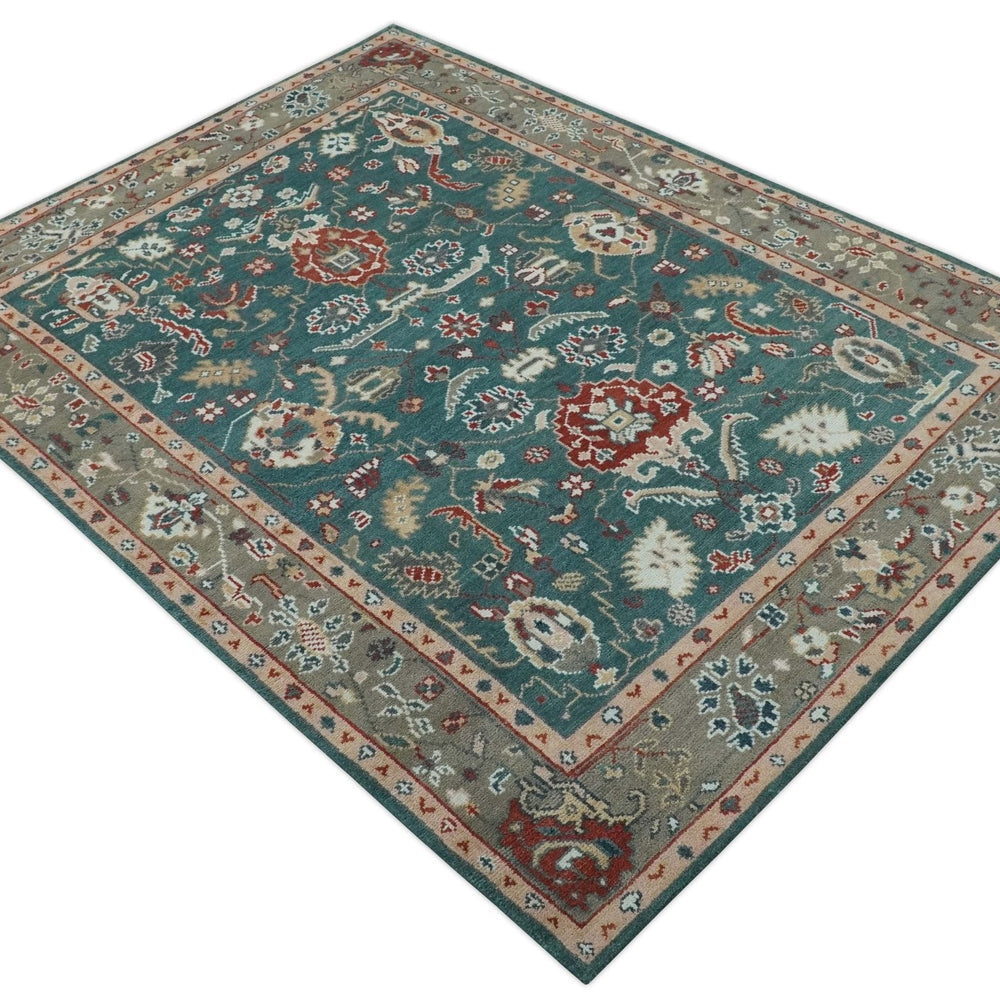 Floral Teal, Camel and Brown Hand Knotted Oriental Oushak Multi Size wool Area Rug