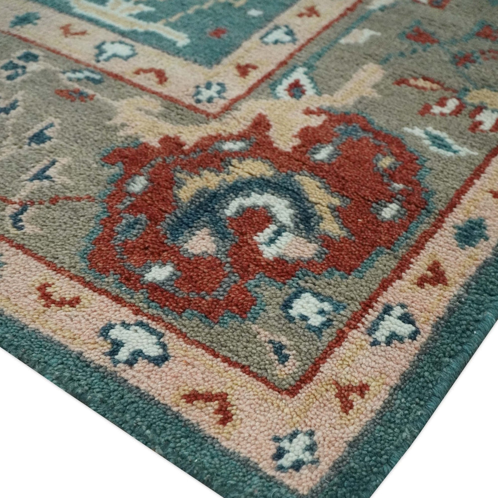 Floral Teal, Camel and Brown Hand Knotted Oriental Oushak Multi Size wool Area Rug
