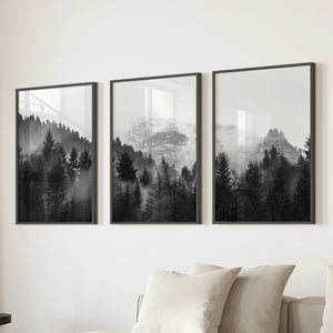 Black White Forest Triptych. Misty Mountains Nature Posters
