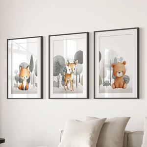 Forest Animal Nursery Decor. Cute Fox Fawn Bear Print Set