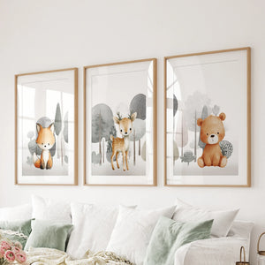 Forest Animal Nursery Decor. Cute Fox Fawn Bear Print Set