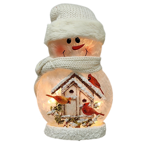 9.5 Inch Lighted Cardinal Glass Snowman - Bird House