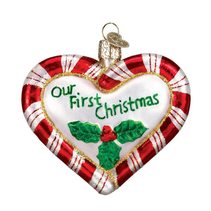 Our First Christmas Peppermint Heart Glass Ornament