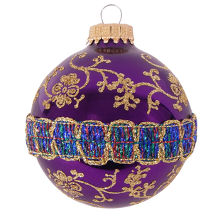 Magenta Purple / Plum Velvet 2 5/8" Glass Ball with Glitterlace and Braid - Set of 4