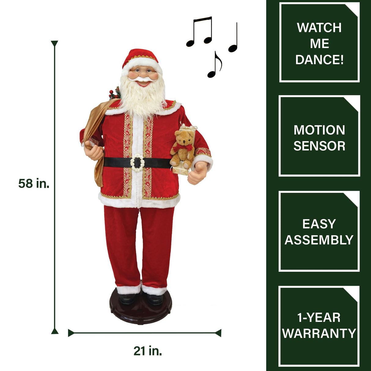 58-in. Dancing Santa Claus Animatronic with Gift Sack and Teddy Bear