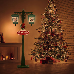 Fraser Hill Farm Let It Snow Series 74-In Dual-Lantern Street Lamp with Santa & Snowman with Cascading Snow, Christmas Music