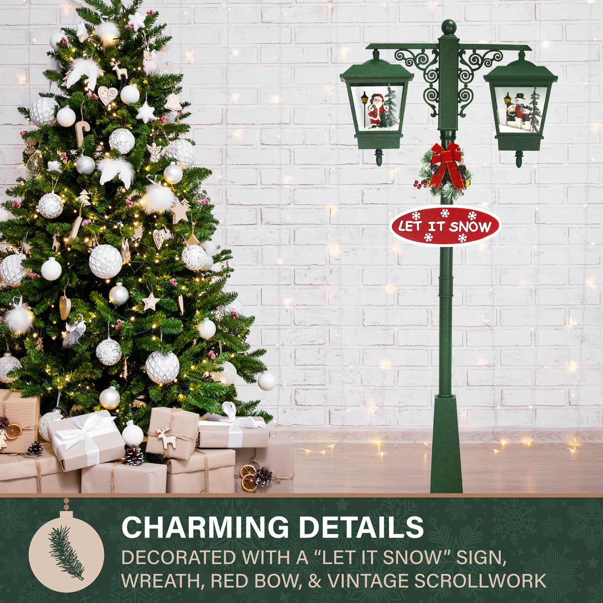 Fraser Hill Farm Let It Snow Series 74-In Dual-Lantern Street Lamp with Santa & Snowman with Cascading Snow, Christmas Music