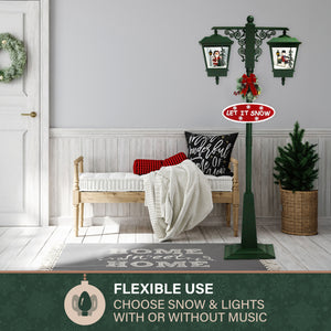Fraser Hill Farm Let It Snow Series 74-In Dual-Lantern Street Lamp with Santa & Snowman with Cascading Snow, Christmas Music