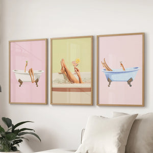 Relaxing Bathtub Prints with Cocktails. Set of 3 Prints