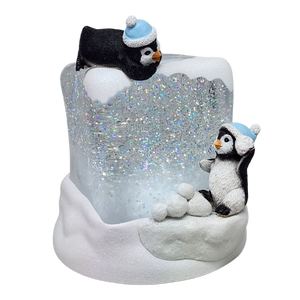 Lighted Swirl Snowglobe Cube with Penguins