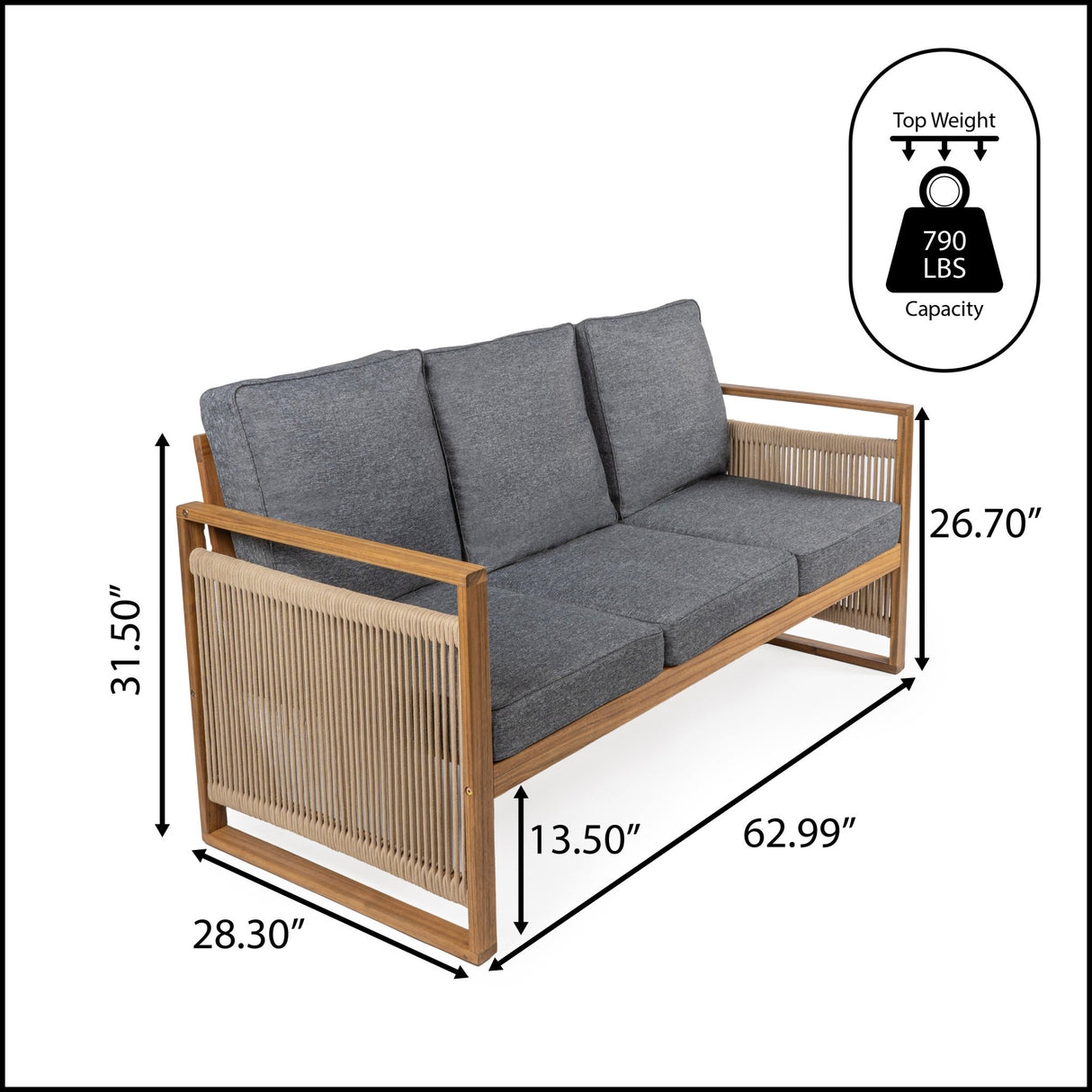Gable 3 - seat mid - century modern roped acacia wood outdoor sofa with cushions - Tuesday Morning - Outdoor Chairs