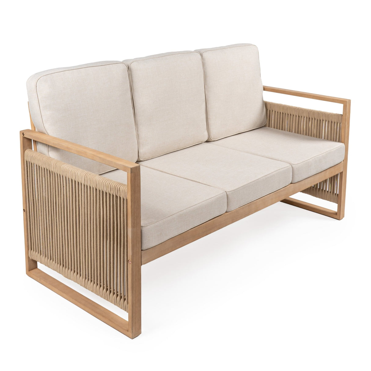 Gable 3 - seat mid - century modern roped acacia wood outdoor sofa with cushions - Tuesday Morning - Outdoor Chairs