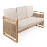 Gable 3 - seat mid - century modern roped acacia wood outdoor sofa with cushions - Tuesday Morning - Outdoor Chairs