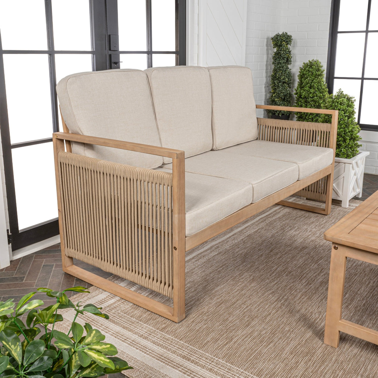 Gable 3 - seat mid - century modern roped acacia wood outdoor sofa with cushions - Tuesday Morning - Outdoor Chairs
