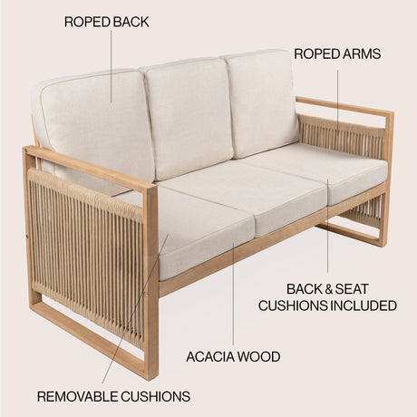 Gable 3 - seat mid - century modern roped acacia wood outdoor sofa with cushions - Tuesday Morning - Outdoor Chairs