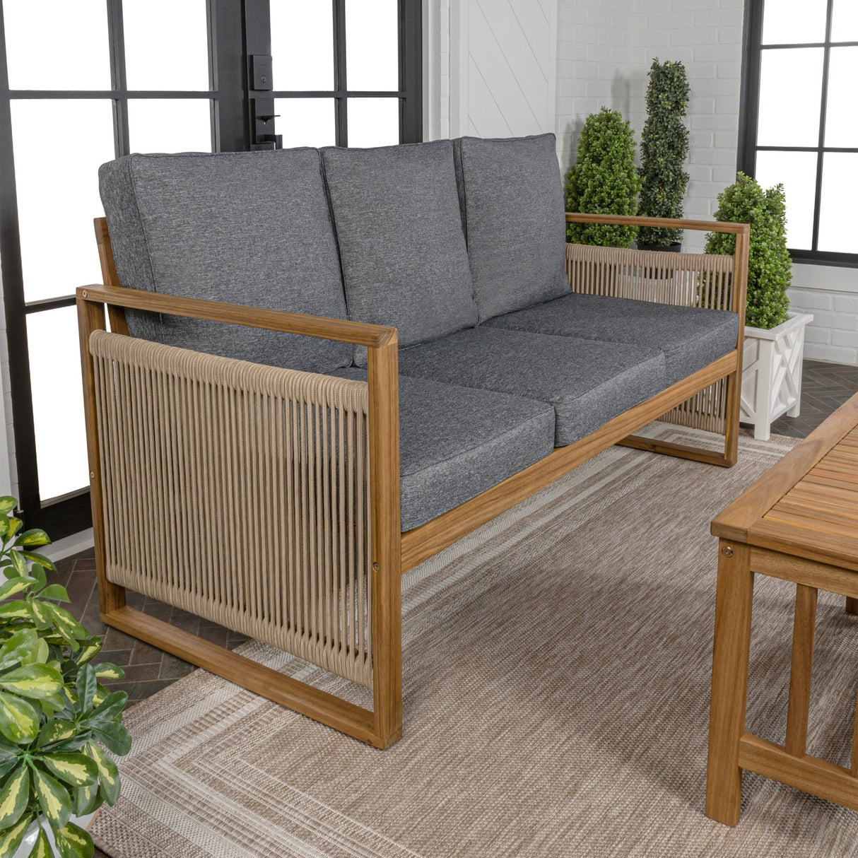Gable 3 - seat mid - century modern roped acacia wood outdoor sofa with cushions - Tuesday Morning - Outdoor Chairs