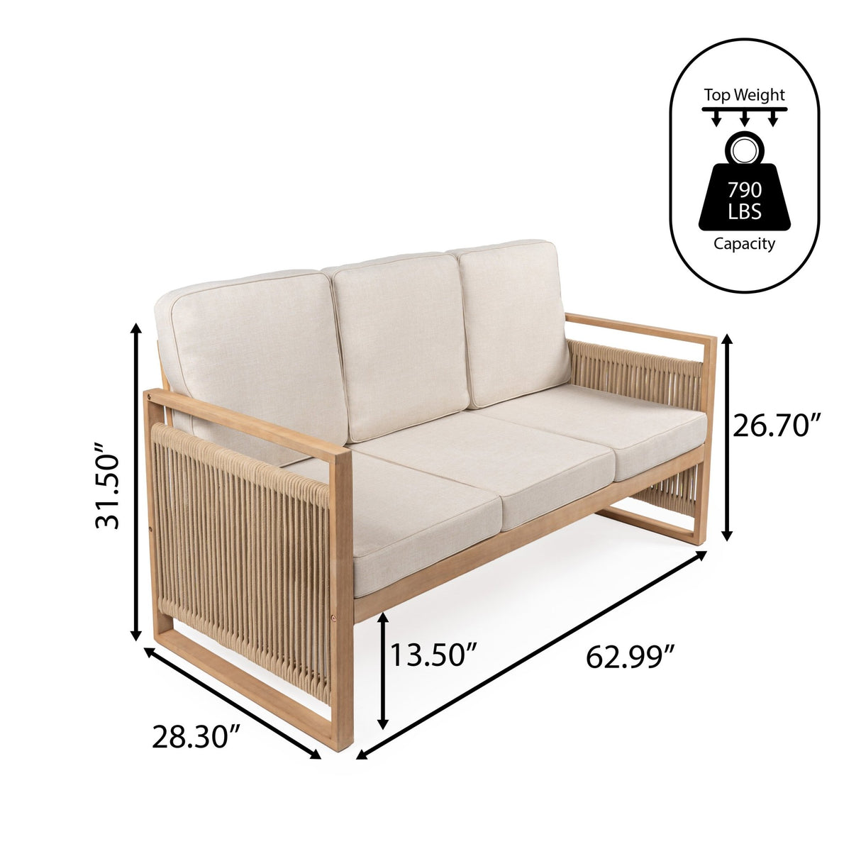 Gable 3 - seat mid - century modern roped acacia wood outdoor sofa with cushions - Tuesday Morning - Outdoor Chairs