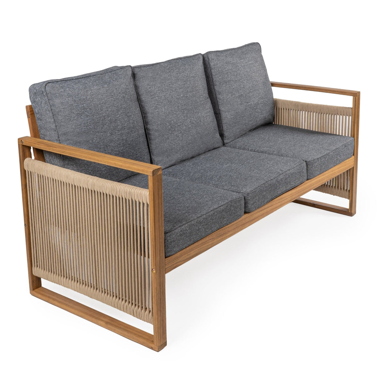 Gable 3 - seat mid - century modern roped acacia wood outdoor sofa with cushions - Tuesday Morning - Outdoor Chairs