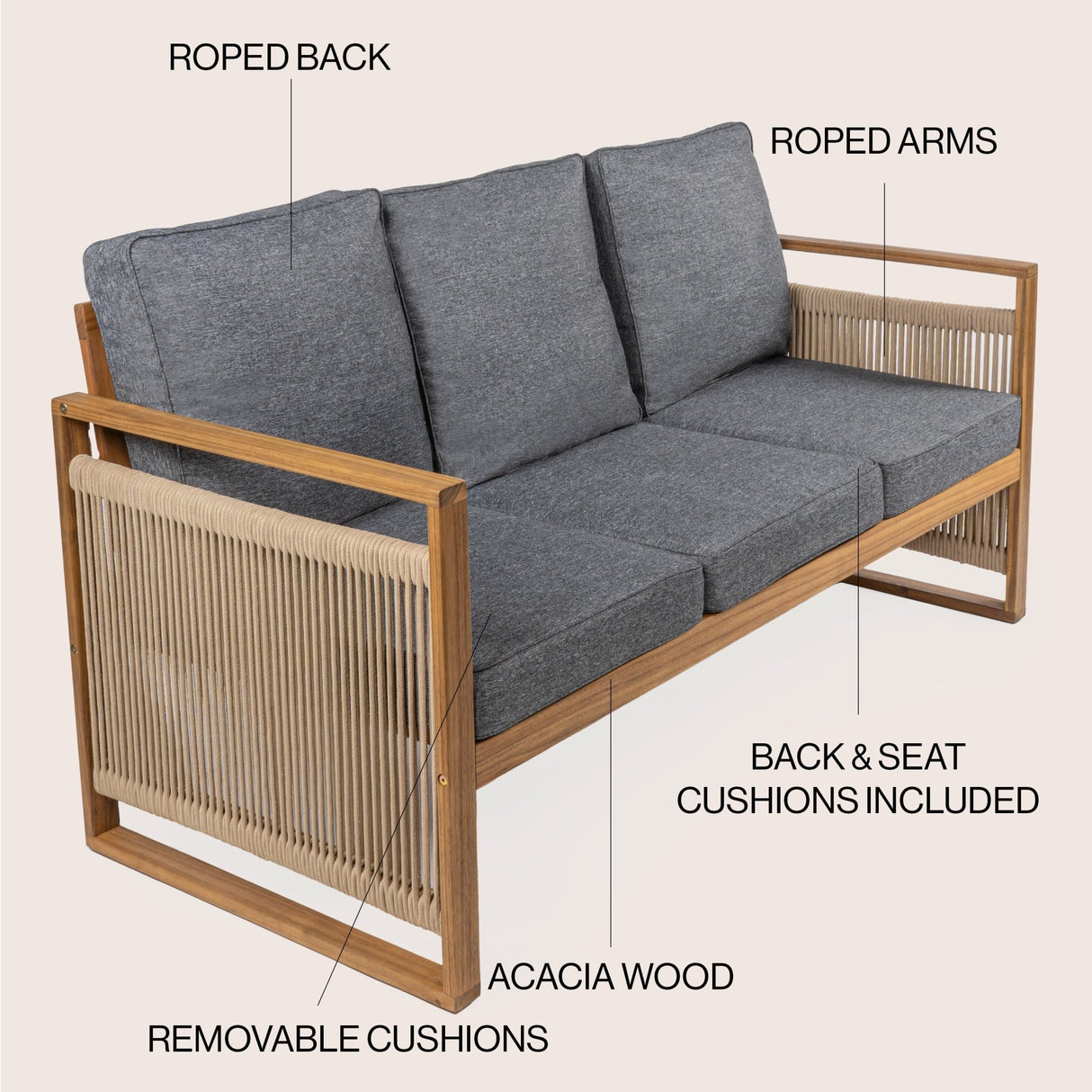 Gable 3 - seat mid - century modern roped acacia wood outdoor sofa with cushions - Tuesday Morning - Outdoor Chairs