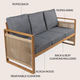 Gable 3 - seat mid - century modern roped acacia wood outdoor sofa with cushions - Tuesday Morning - Outdoor Chairs