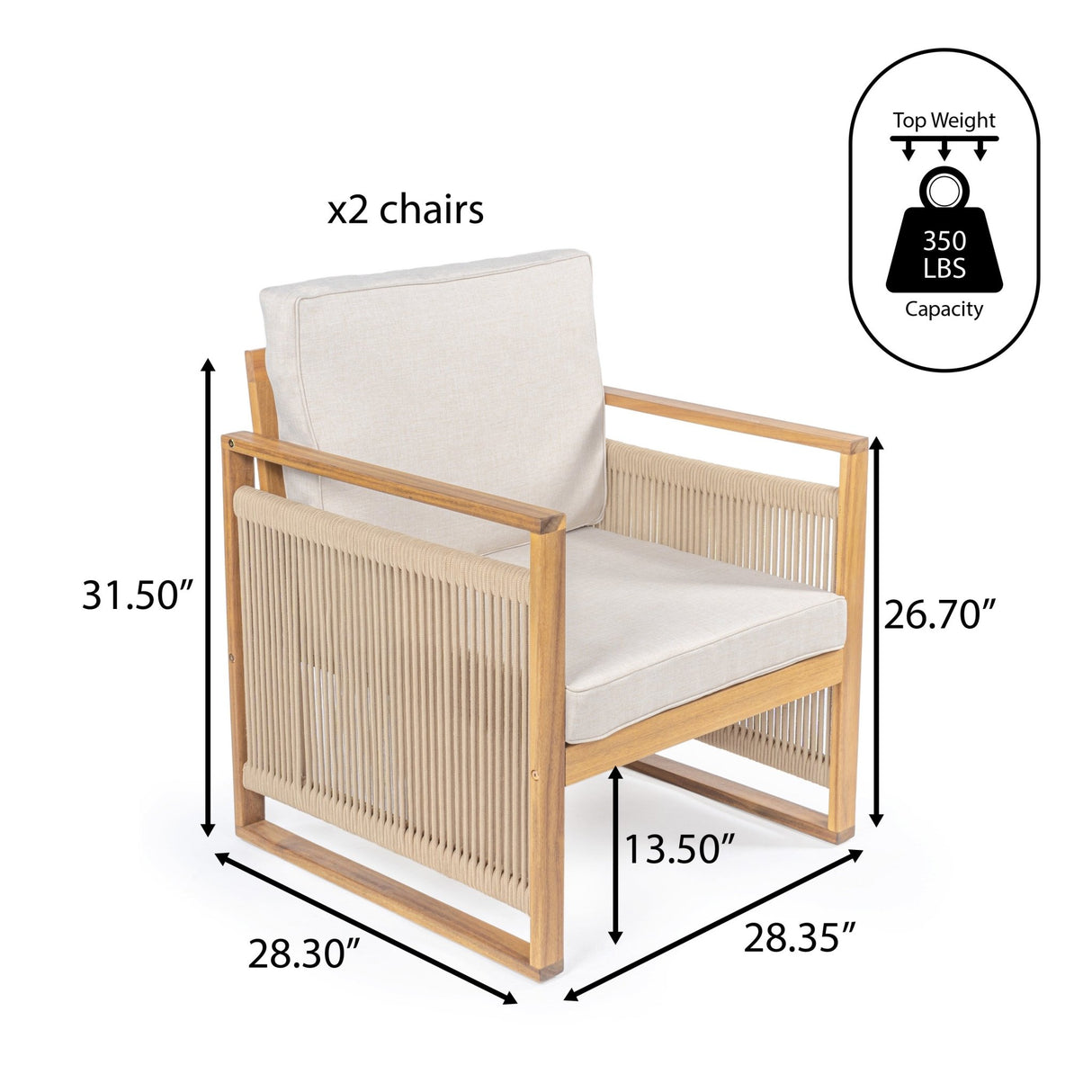 Gable mid - century modern roped acacia wood outdoor patio chair with cushions - Tuesday Morning - Outdoor Chairs