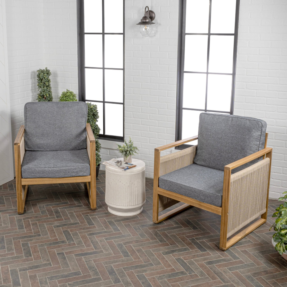 Gable mid - century modern roped acacia wood outdoor patio chair with cushions - Tuesday Morning - Outdoor Chairs