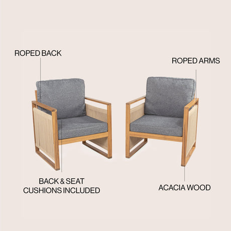 Gable mid - century modern roped acacia wood outdoor patio chair with cushions - Tuesday Morning - Outdoor Chairs