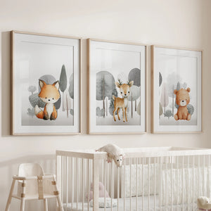 Forest Animal Nursery Decor. Cute Fox Fawn Bear Print Set