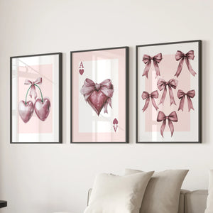 Coquette Cherry Wall Art Set of 3. Pink Romantic Decor