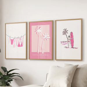 Beach House 3 Piece Girly Wall Art: Pink Palm, Surfer Prints