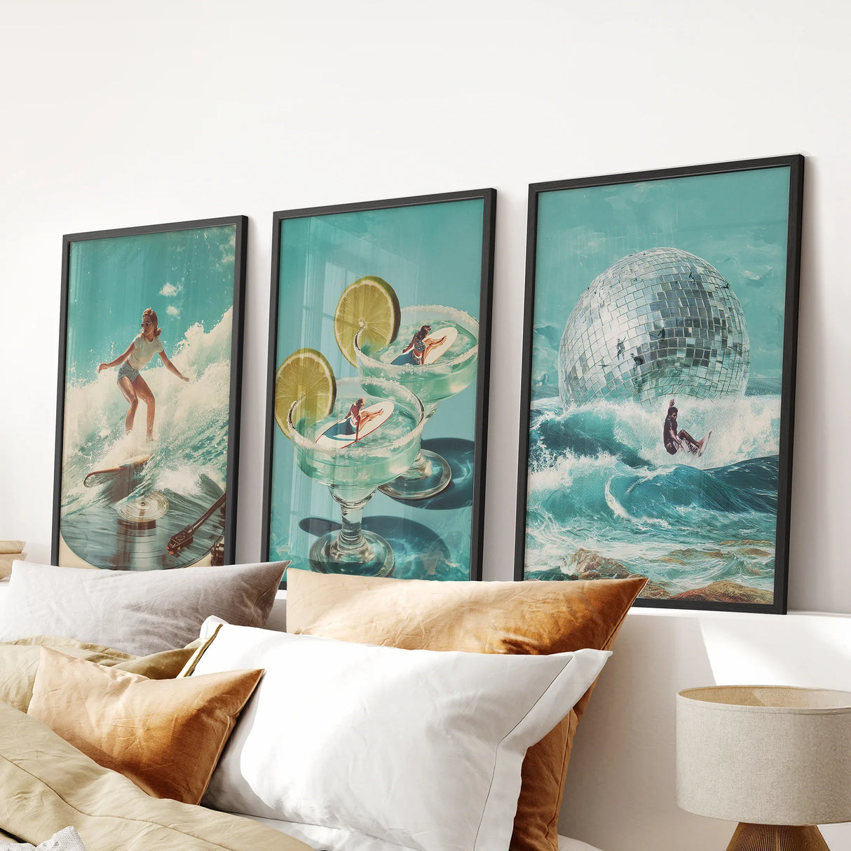 Retro Coastal Surfing Wall Art Set of 3. Surreal Blue Wave