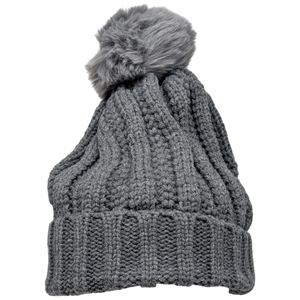 Knit Hat With Three Interchangeable Poms - Grey
