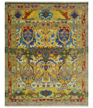 Gold, Blue And Green Transitional Hand Knotted Custom Made wool area rug