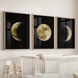 Celestial Moon 3 Piece Wall Decor. Gold Full Moon, Phases