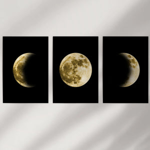 Celestial Moon 3 Piece Wall Decor. Gold Full Moon, Phases