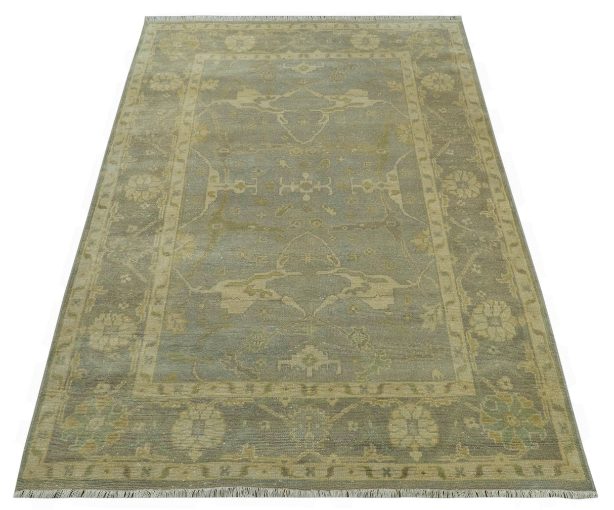Gray And Beige Traditional Oushak Design Hand Knotted 5.6x8.6 wool area rug