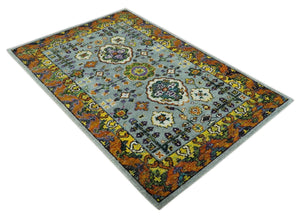 Gray, Gold and Mustard 5.6x8.6 Hand Knotted Traditional Oushak wool Area Rug