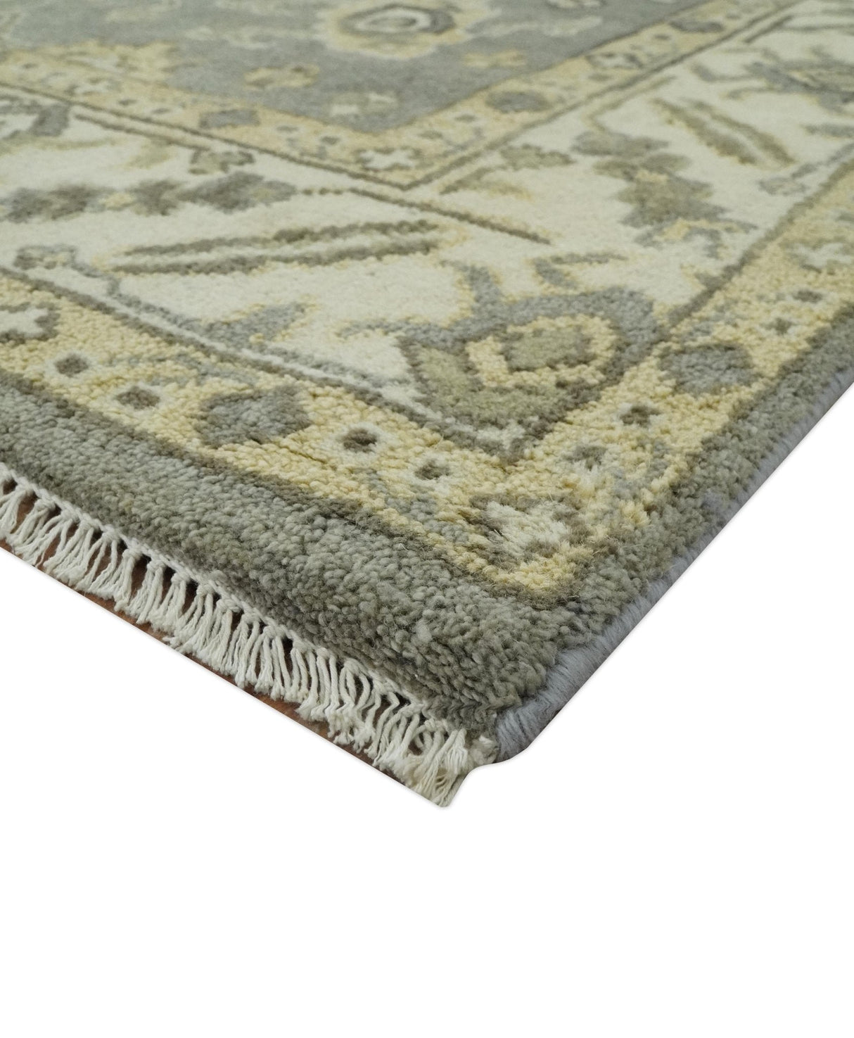 Gray, Ivory and Beige 6x8.8 Hand Knotted Traditional Oushak wool area rug