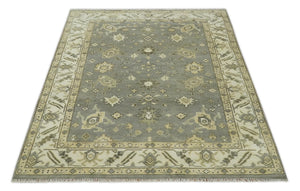 Gray, Ivory and Beige 6x8.8 Hand Knotted Traditional Oushak wool area rug
