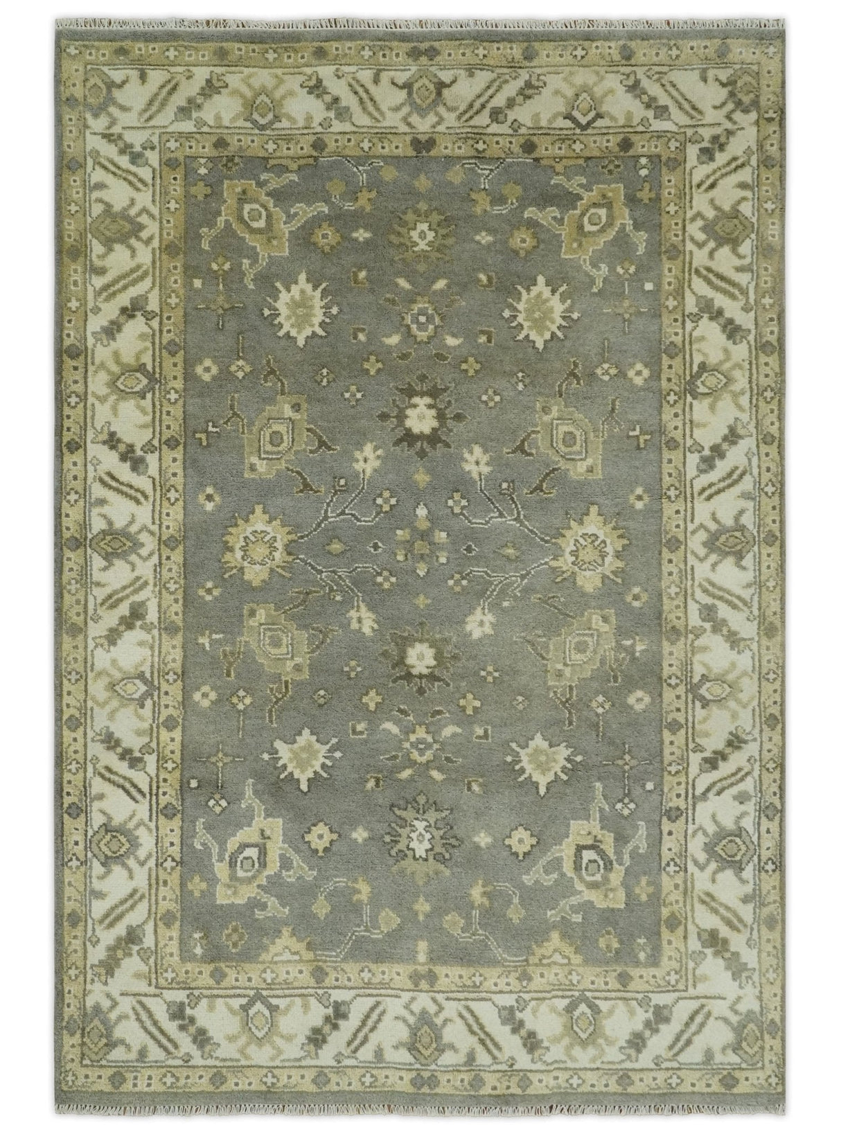 Gray, Ivory and Beige 6x8.8 Hand Knotted Traditional Oushak wool area rug