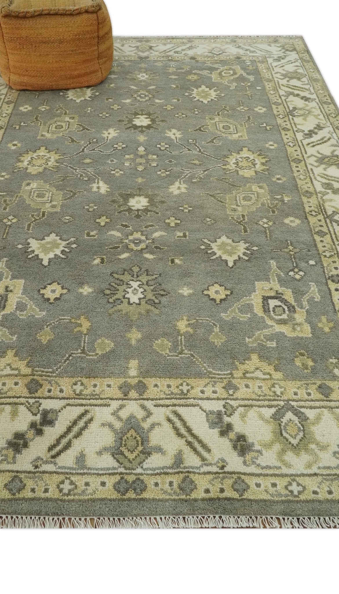 Gray, Ivory and Beige 6x8.8 Hand Knotted Traditional Oushak wool area rug