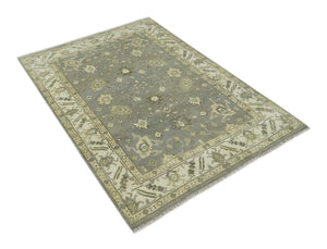 Gray, Ivory and Beige 6x8.8 Hand Knotted Traditional Oushak wool area rug