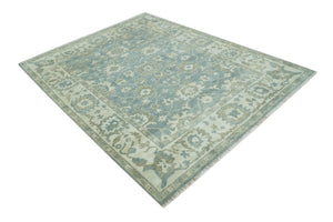 Gray, Ivory and Green Hand Knotted Traditional Oriental Oushak 9x12 wool Area Rug